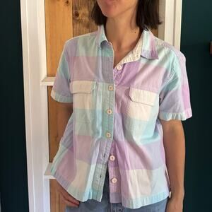 Vintage Purple and Blue Plaid Short Sleeve Button Down Womens' Size Small